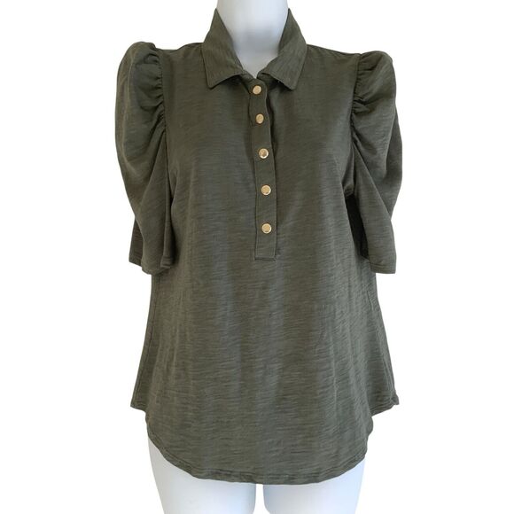 Chico’s Puff Sleeve Slub Cotton Modal Collared Henley Snap Dark Moss Size 0/S - Picture 10 of 10